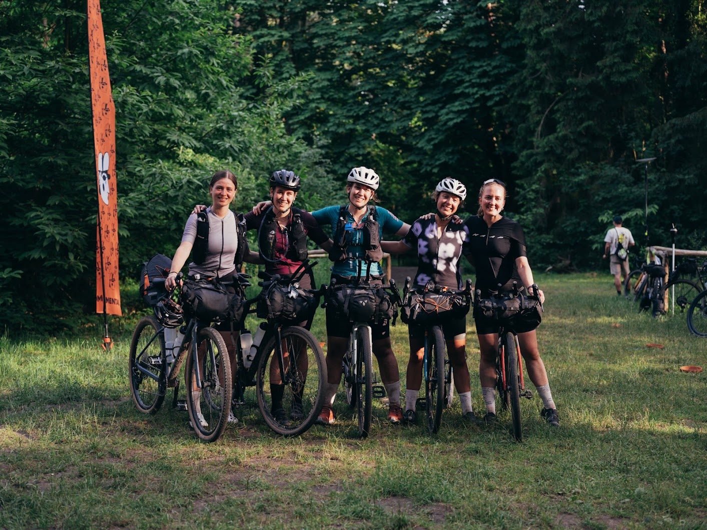 Five riders together at the finish